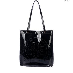 Tory Burch Black Patent Leather Embossed Logo Tote